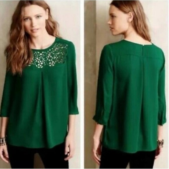 Anthropologie Womens 0 Petite HD in Paris Dara Green Laser Cut Minimalist Blouse - Picture 15 of 15